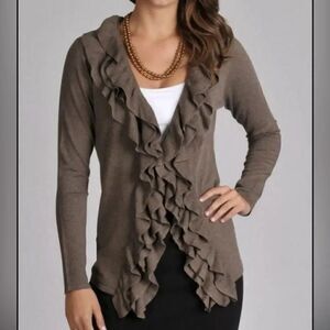 NWT Grace‎ Elements Taupe Brown Cascade Ruffle Front Cardigan Sweater Size XXL